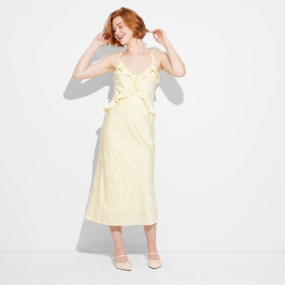 Wild Fable Yellow Pleated Spaghetti Strap Midi Dress